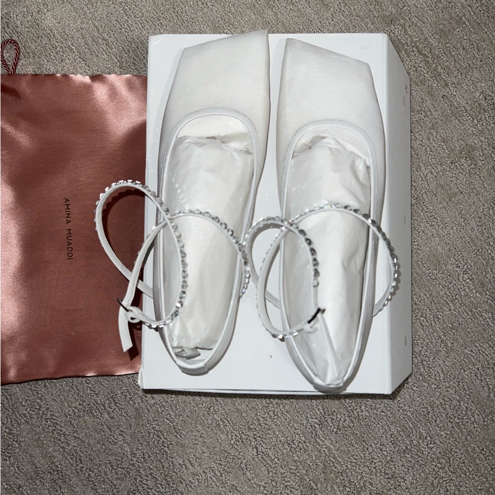 Amina Muaddi White Ane Crystal Mesh Ballerina Flats - Size 41